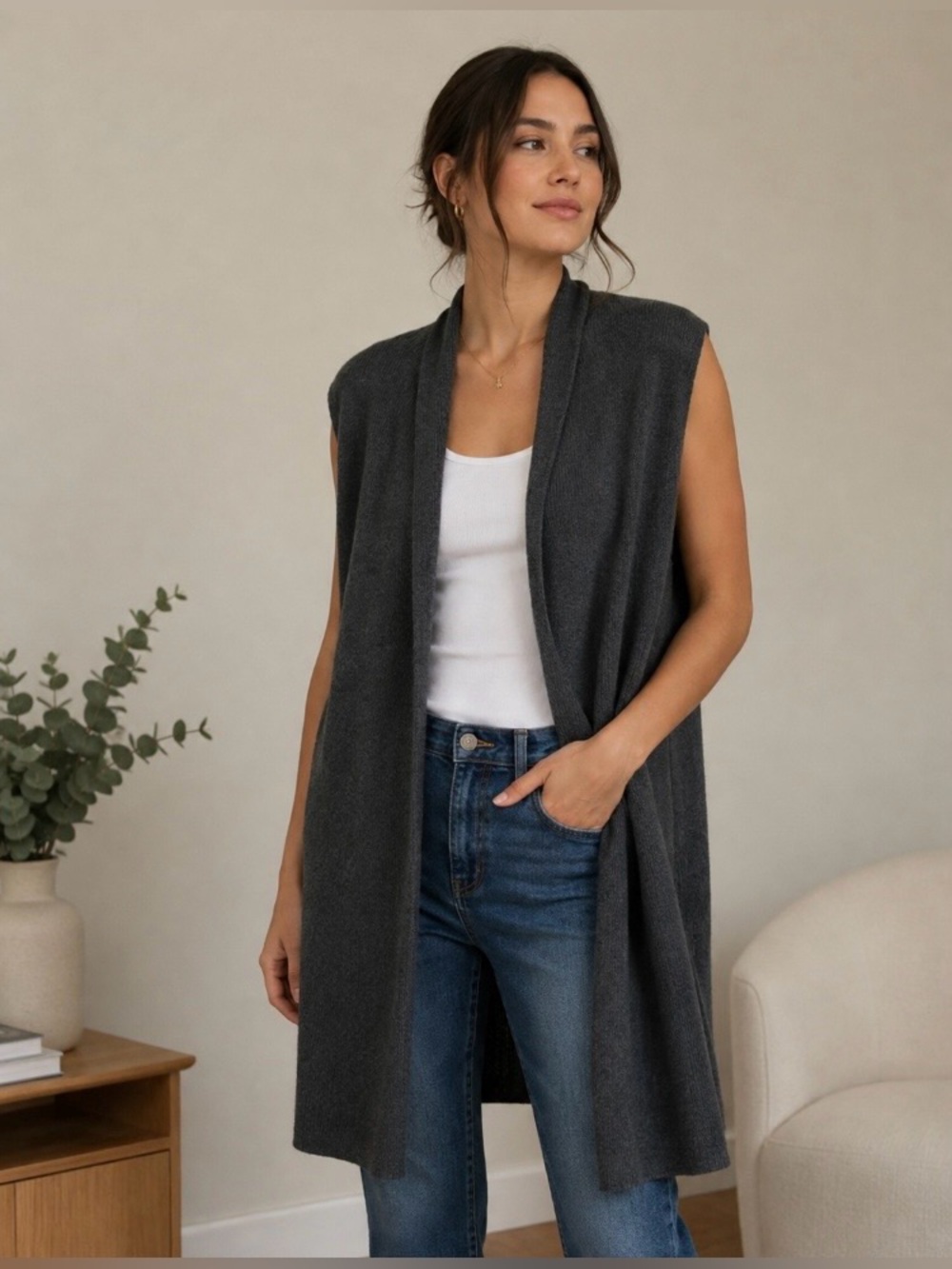 Halogen Cashmere Gray Open-Front Long Cardigan Vest